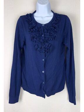 Grace Elements Womens Blue Ruffle Front Cardigan Sweater Button Up Long Sleeve